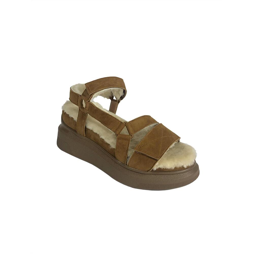 NEW SUZANNE RAE women's shearling sandals in russet suede